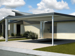 Computer generated image of carport outside single storey home with colorbond garage