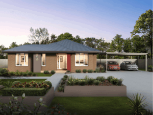 Computer generated image of two car carport next to single storey brick home.