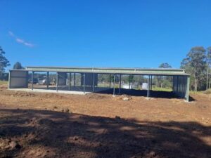 Skillion roof farm shed with pillars. Not fully enclosed
