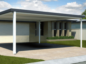 Carport attached to garage of one-storey brick home