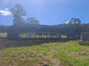 Skillion roof farm shed with pillars. Not fully enclosed