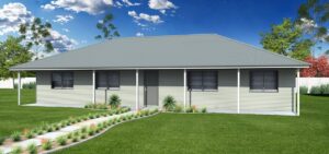 cream, wide shed house with varanda